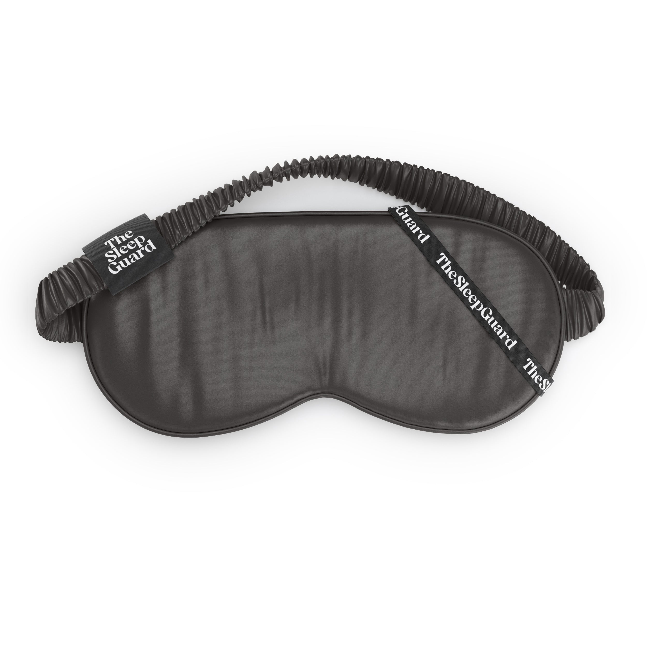 Charcoal grey gray sleep mask with 'The Sleep Guard' branding on a white background
